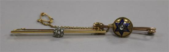 An early 20th century 15ct gold and diamond cluster bar brooch and a Victorian 9ct gold, diamond and enamel bar brooch